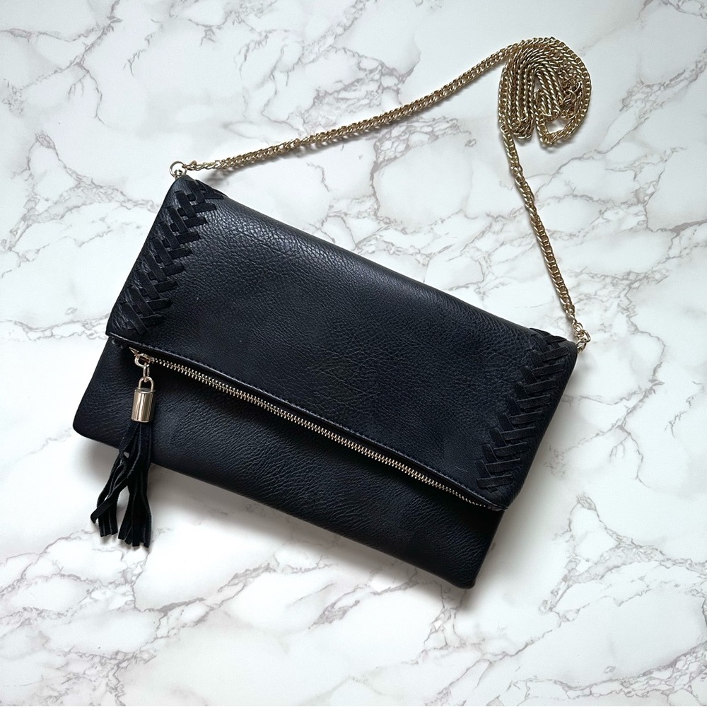 Elegant Black Leather Clutch with Chain Strap